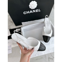 [팬더샵] 샤넬 CC 로고 레더 배색 샌들 로우힐 슬링백 검/흰 Chanel