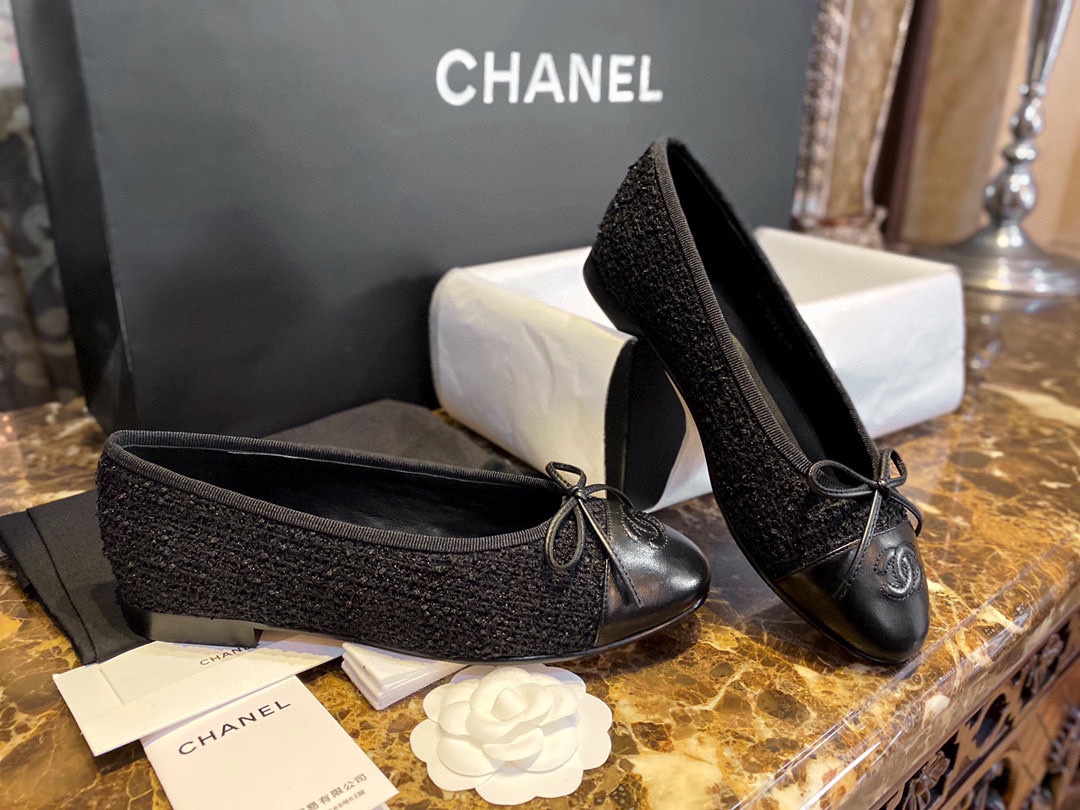 [팬더샵] 샤넬 CC 스티치 로고 트위드 리본 플랫 발레리나 슈즈 Chanel