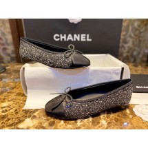 [팬더샵] 샤넬 CC 스티치 로고 패브릭 리본 발레리나 슈즈 검/흰 편직 Chanel