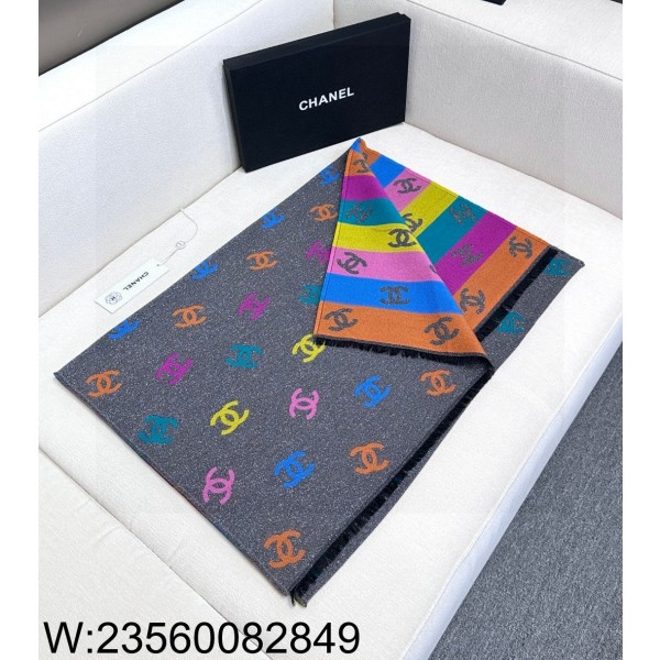 AGG 샤넬 멀티컬러 CC로고 스트라이프 스카프 180*70cm 그레이